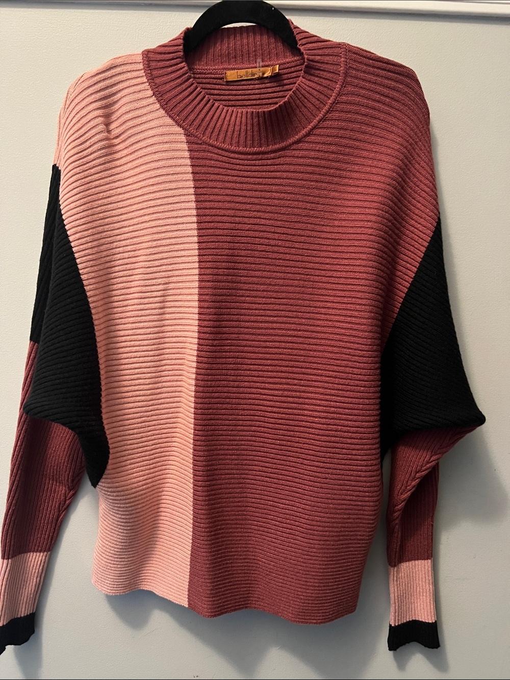 Belldini Colorblock Ribbed Crewneck Sweater - Dusty Pink, Rose & Black